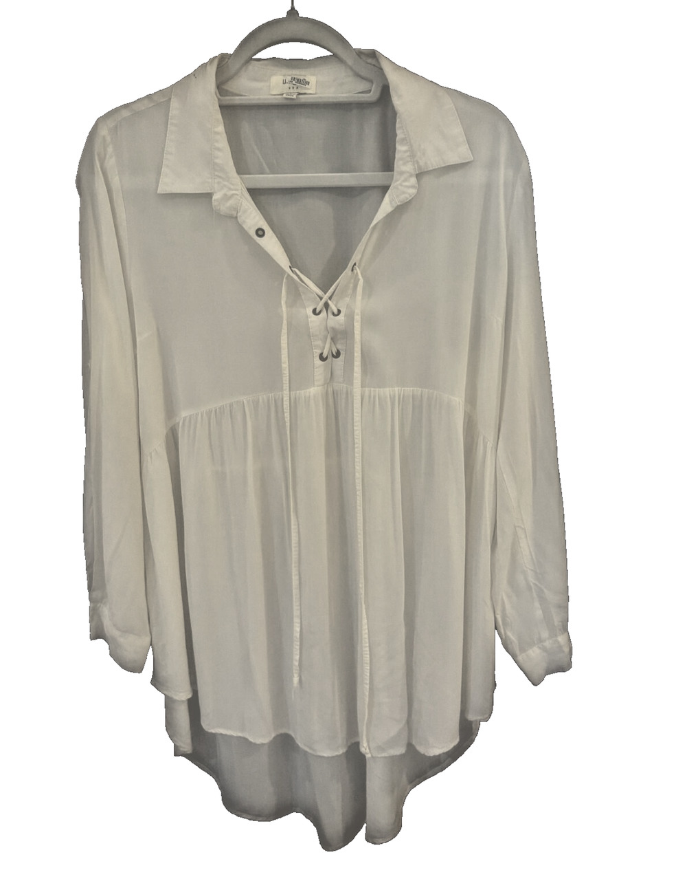 Umgee Womens Cream Split Neck Tie Blouse Medium Boho Peasant